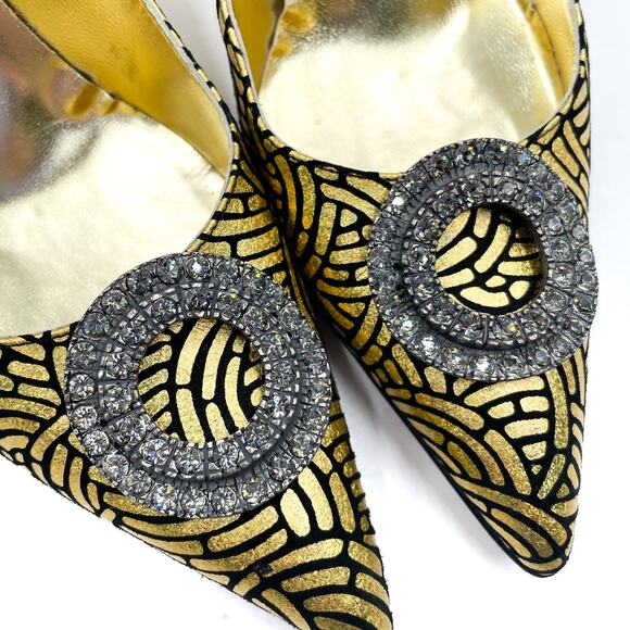 Manolo Blahnik Descortes Crystal Pumps Gold Black Pointed Heels Sz 37 / 7 - Picture 5 of 11